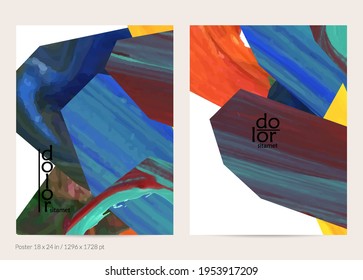 Abstract vector background with colorful bright acrylic textured shapes. Artistic poster design template. Hand drawn collage art digital paint banner. Universal layout with brush stroke splash.