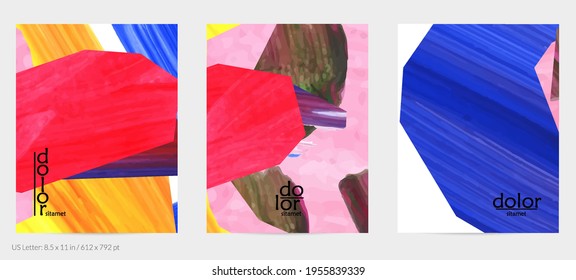 Abstract vector background with colorful bright acrylic textured shapes. Artistic flyer design template. Hand drawn collage art digital paint. Universal layout with brush stroke splashes.