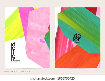 Abstract vector background with colorful bright acrylic textured shapes. Artistic poster design template. Hand drawn collage art digital paint banner. Universal layout with brush stroke splash.