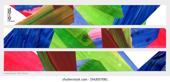 Abstract vector background with colorful bright acrylic textured shapes. Artistic leaderboard design template. Hand drawn collage art digital paint banner. Universal layout with brush stroke splash.