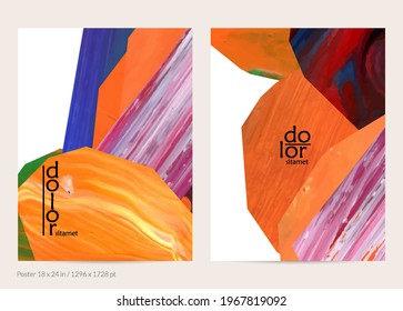 Abstract vector background with colorful bright acrylic textured shapes. Artistic poster design template. Hand drawn collage art digital paint banner. Universal layout with brush stroke splash.