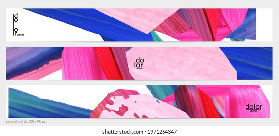 Abstract vector background with colorful bright acrylic textured shapes. Artistic leaderboard design template. Hand drawn collage art digital paint banner. Universal layout with brush stroke splash.