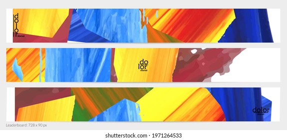 Abstract vector background with colorful bright acrylic textured shapes. Artistic leaderboard design template. Hand drawn collage art digital paint banner. Universal layout with brush stroke splash.
