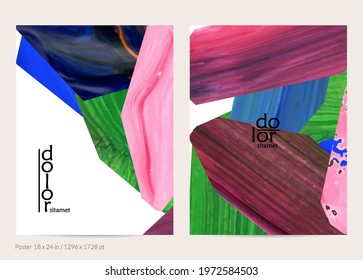 Abstract vector background with colorful bright acrylic textured shapes. Artistic poster design template. Hand drawn collage art digital paint banner. Universal layout with brush stroke splash.