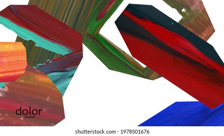 Abstract vector background with colorful bright acrylic textured shapes. Artistic cover design template. Hand drawn collage art digital paint wallpaper. Universal layout with brush stroke elements.