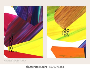 Abstract vector background with colorful bright acrylic textured shapes. Artistic poster design template. Hand drawn collage art digital paint banner. Universal layout with brush stroke splash.