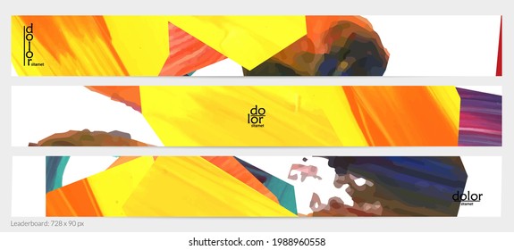 Abstract vector background with colorful bright acrylic textured shapes. Artistic leaderboard design template. Hand drawn collage art digital paint banner. Universal layout with brush stroke splash.