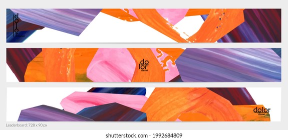 Abstract vector background with colorful bright acrylic textured shapes. Artistic leaderboard design template. Hand drawn collage art digital paint banner. Universal layout with brush stroke splash.