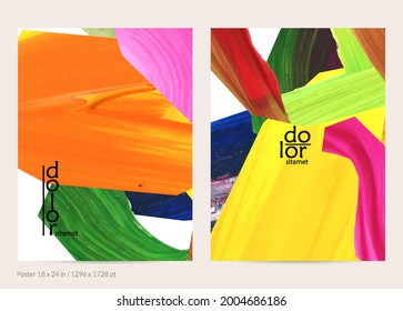 Abstract vector background with colorful bright acrylic textured shapes. Artistic poster design template. Hand drawn collage art digital paint banner. Universal layout with brush stroke splash.