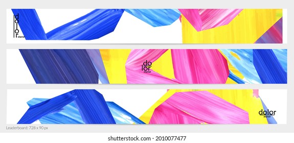 Abstract vector background with colorful bright acrylic textured shapes. Artistic leaderboard design template. Hand drawn collage art digital paint banner. Universal layout with brush stroke splash.