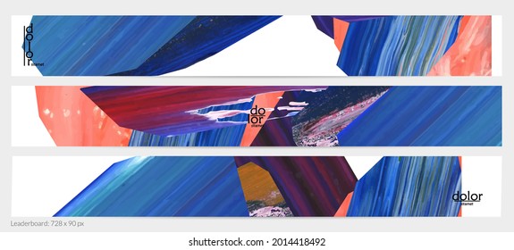 Abstract vector background with colorful bright acrylic textured shapes. Artistic leaderboard design template. Hand drawn collage art digital paint banner. Universal layout with brush stroke splash.