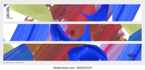 Abstract vector background with colorful bright acrylic textured shapes. Artistic leaderboard design template. Hand drawn collage art digital paint banner. Universal layout with brush stroke splash.