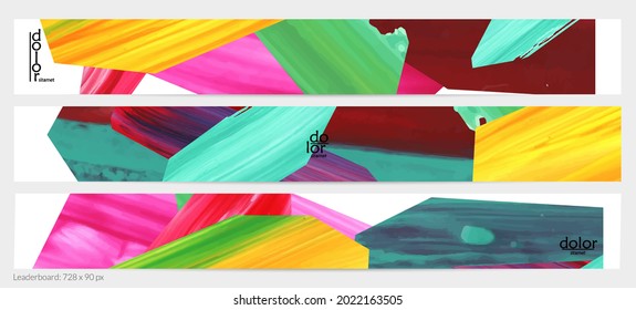 Abstract vector background with colorful bright acrylic textured shapes. Artistic leaderboard design template. Hand drawn collage art digital paint banner. Universal layout with brush stroke splash.