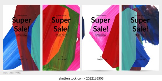 Abstract vector background with colorful bright acrylic textured shapes. Artistic social media post design template. Hand drawn collage art digital paint banner. Universal layout with brush stroke.