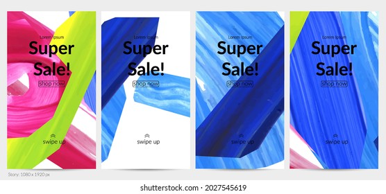 Abstract vector background with colorful bright acrylic textured shapes. Artistic social media post design template. Hand drawn collage art digital paint banner. Universal layout with brush stroke.