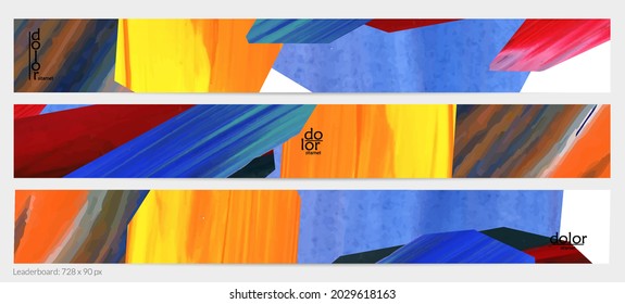 Abstract vector background with colorful bright acrylic textured shapes. Artistic leaderboard design template. Hand drawn collage art digital paint banner. Universal layout with brush stroke splash.