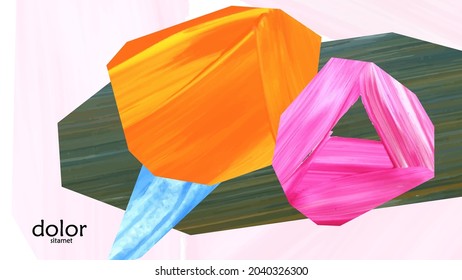 Abstract vector background with colorful bright acrylic textured shapes. Artistic cover design template. Hand drawn collage art digital paint wallpaper. Universal layout with brush stroke elements.