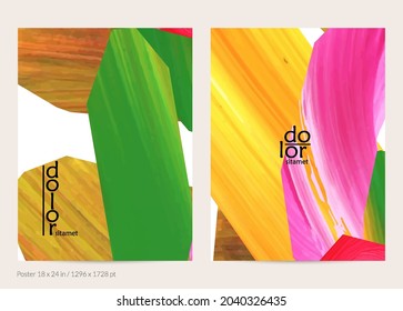 Abstract vector background with colorful bright acrylic textured shapes. Artistic poster design template. Hand drawn collage art digital paint banner. Universal layout with brush stroke splash.