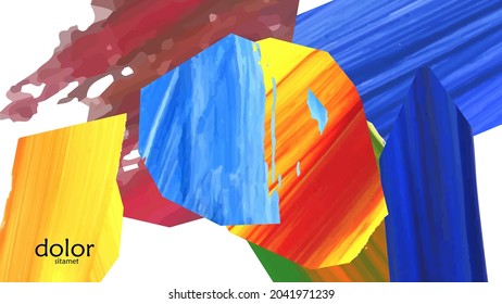 Abstract vector background with colorful bright acrylic textured shapes. Artistic cover design template. Hand drawn collage art digital paint wallpaper. Universal layout with brush stroke elements.