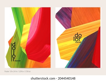 Abstract vector background with colorful bright acrylic textured shapes. Artistic poster design template. Hand drawn collage art digital paint banner. Universal layout with brush stroke splash.