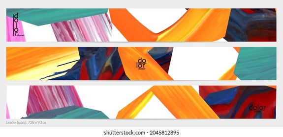 Abstract vector background with colorful bright acrylic textured shapes. Artistic leaderboard design template. Hand drawn collage art digital paint banner. Universal layout with brush stroke splash.
