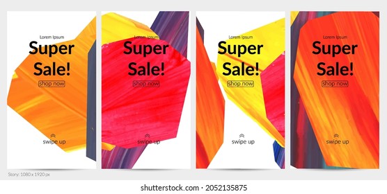 Abstract vector background with colorful bright acrylic textured shapes. Artistic social media post design template. Hand drawn collage art digital paint banner. Universal layout with brush stroke.
