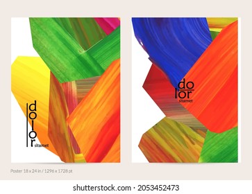 Abstract vector background with colorful bright acrylic textured shapes. Artistic poster design template. Hand drawn collage art digital paint banner. Universal layout with brush stroke splash.