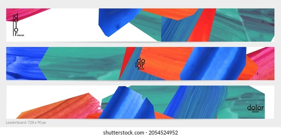 Abstract vector background with colorful bright acrylic textured shapes. Artistic leaderboard design template. Hand drawn collage art digital paint banner. Universal layout with brush stroke splash.