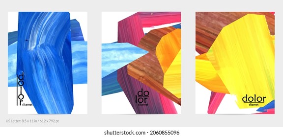 Abstract vector background with colorful bright acrylic textured shapes. Artistic flyer design template. Hand drawn collage art digital paint. Universal layout with brush stroke splashes.