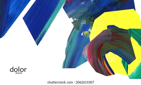 Abstract vector background with colorful bright acrylic textured shapes. Artistic cover design template. Hand drawn collage art digital paint wallpaper. Universal layout with brush stroke elements.