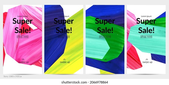 Abstract vector background with colorful bright acrylic textured shapes. Artistic social media post design template. Hand drawn collage art digital paint banner. Universal layout with brush stroke.