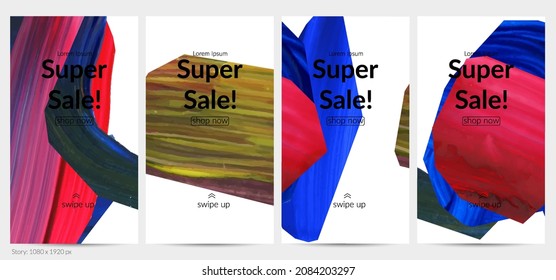 Abstract vector background with colorful bright acrylic textured shapes. Artistic social media post design template. Hand drawn collage art digital paint banner. Universal layout with brush stroke.