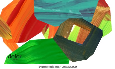 Abstract vector background with colorful bright acrylic textured shapes. Artistic cover design template. Hand drawn collage art digital paint wallpaper. Universal layout with brush stroke elements.