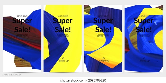 Abstract vector background with colorful bright acrylic textured shapes. Artistic social media post design template. Hand drawn collage art digital paint banner. Universal layout with brush stroke.