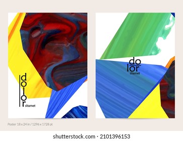 Abstract vector background with colorful bright acrylic textured shapes. Artistic poster design template. Hand drawn collage art digital paint banner. Universal layout with brush stroke splash.