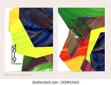 Abstract vector background with colorful bright acrylic textured shapes. Artistic poster design template. Hand drawn collage art digital paint banner. Universal layout with brush stroke splash.