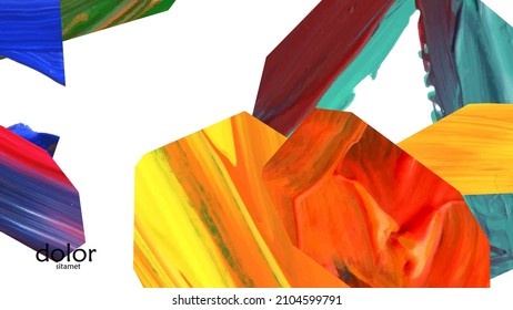 Abstract vector background with colorful bright acrylic textured shapes. Artistic cover design template. Hand drawn collage art digital paint wallpaper. Universal layout with brush stroke elements.