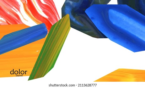 Abstract vector background with colorful bright acrylic textured shapes. Artistic cover design template. Hand drawn collage art digital paint wallpaper. Universal layout with brush stroke elements.