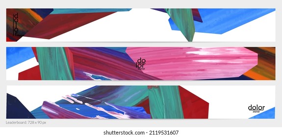 Abstract vector background with colorful bright acrylic textured shapes. Artistic leaderboard design template. Hand drawn collage art digital paint banner. Universal layout with brush stroke splash.