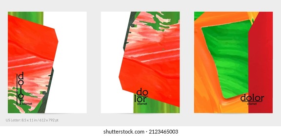 Abstract vector background with colorful bright acrylic textured shapes. Artistic flyer design template. Hand drawn collage art digital paint. Universal layout with brush stroke splashes.