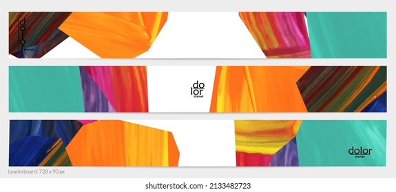 Abstract vector background with colorful bright acrylic textured shapes. Artistic leaderboard design template. Hand drawn collage art digital paint banner. Universal layout with brush stroke splash.