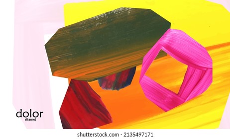 Abstract vector background with colorful bright acrylic textured shapes. Artistic cover design template. Hand drawn collage art digital paint wallpaper. Universal layout with brush stroke elements.