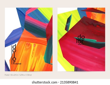 Abstract vector background with colorful bright acrylic textured shapes. Artistic poster design template. Hand drawn collage art digital paint banner. Universal layout with brush stroke splash.