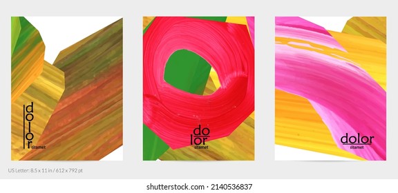 Abstract vector background with colorful bright acrylic textured shapes. Artistic flyer design template. Hand drawn collage art digital paint. Universal layout with brush stroke splashes.