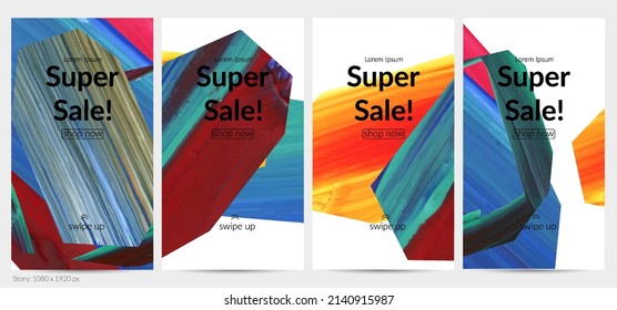 Abstract vector background with colorful bright acrylic textured shapes. Artistic social media post design template. Hand drawn collage art digital paint banner. Universal layout with brush stroke.