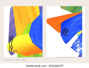 Abstract vector background with colorful bright acrylic textured shapes. Artistic poster design template. Hand drawn collage art digital paint banner. Universal layout with brush stroke splash.