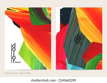 Abstract vector background with colorful bright acrylic textured shapes. Artistic poster design template. Hand drawn collage art digital paint banner. Universal layout with brush stroke splash.