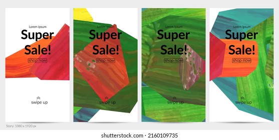 Abstract vector background with colorful bright acrylic textured shapes. Artistic social media post design template. Hand drawn collage art digital paint banner. Universal layout with brush stroke.