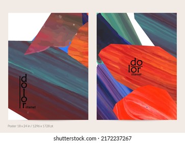 Abstract vector background with colorful bright acrylic textured shapes. Artistic poster design template. Hand drawn collage art digital paint banner. Universal layout with brush stroke splash.