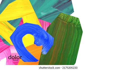 Abstract vector background with colorful bright acrylic textured shapes. Artistic cover design template. Hand drawn collage art digital paint wallpaper. Universal layout with brush stroke elements.